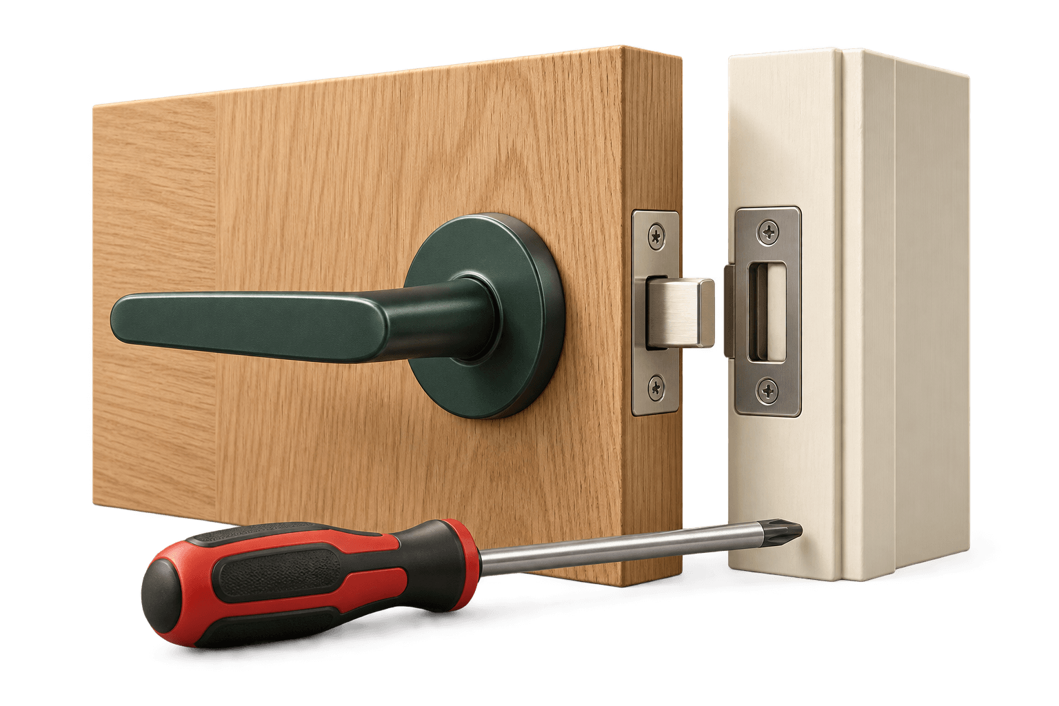 Close up of an internal door latch and frame