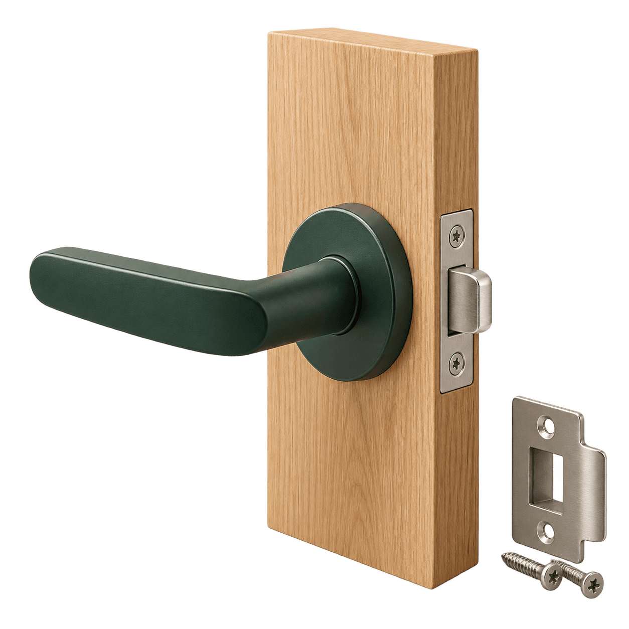 A lever handle and latch fitted to an oak door sample