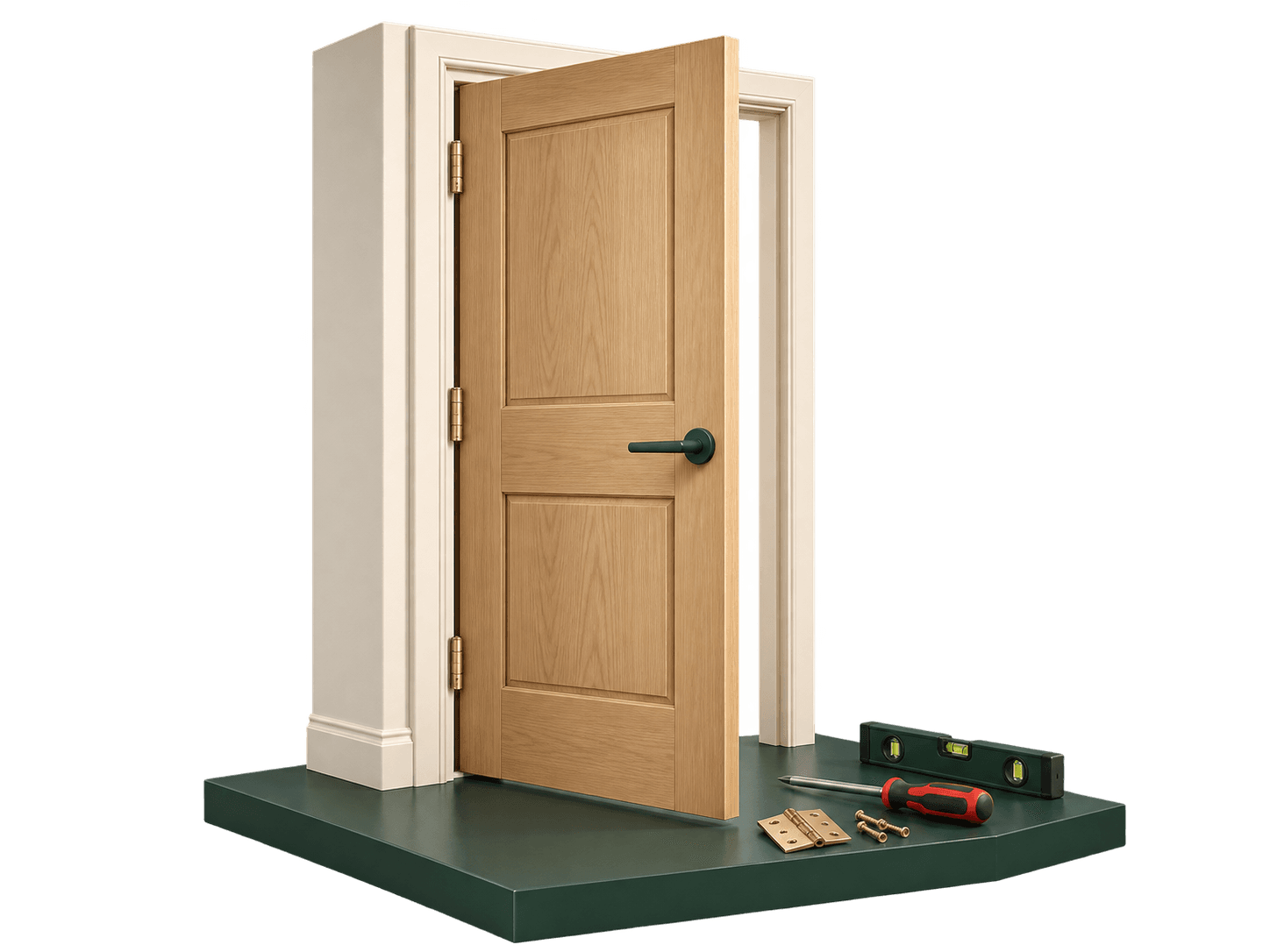 Oak internal door and frame with repair tools