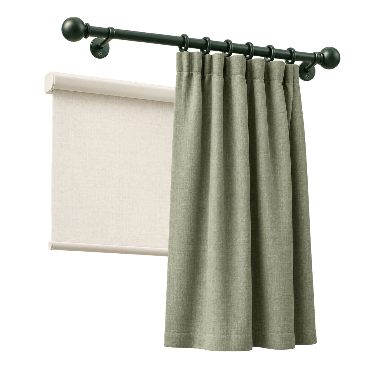 Curtain pole with sage curtains and a roller blind