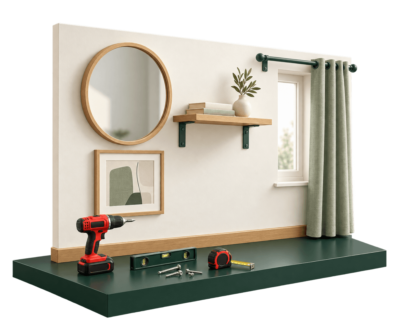 Wall fitting scene with a mirror, picture, shelf and curtain pole being fitted, tools and a green platform