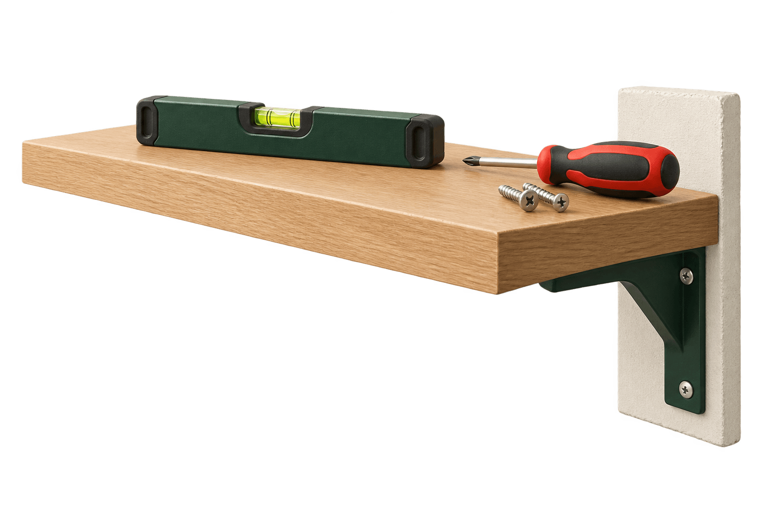 A level oak shelf being checked with a spirit level against a wall