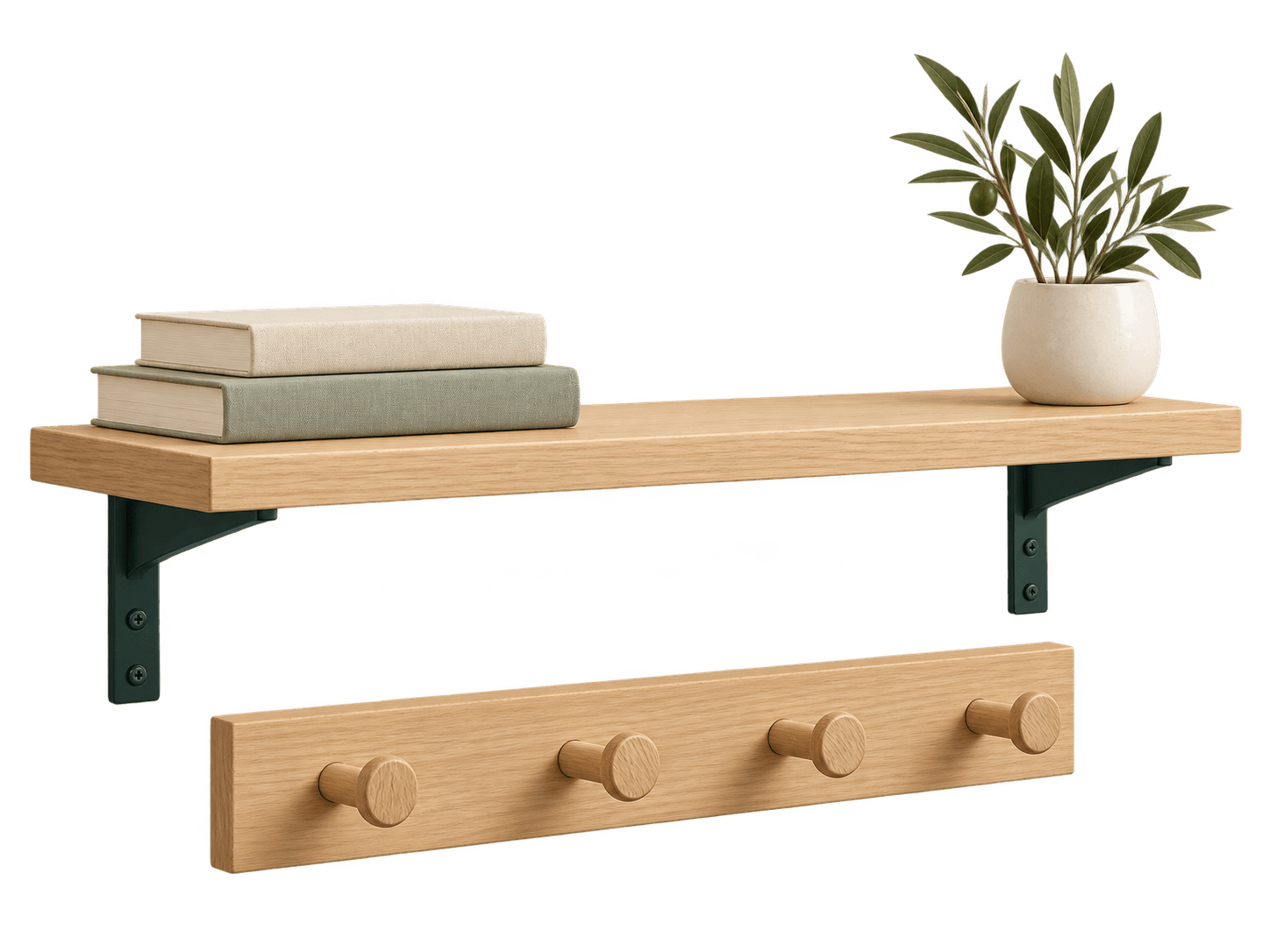 Oak shelves and fittings ready to hang
