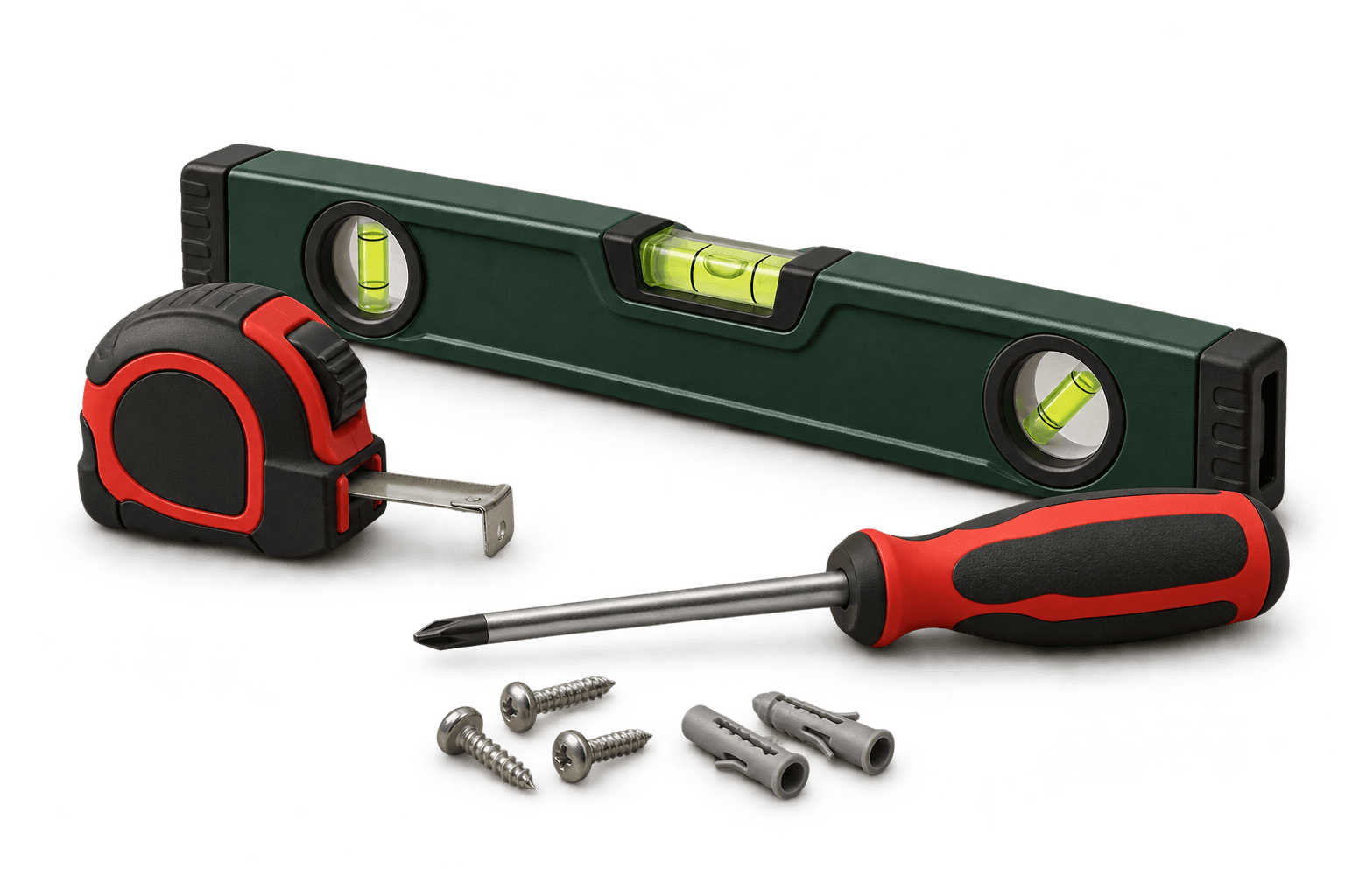 Fitting tools including a drill, spirit level and fixings
