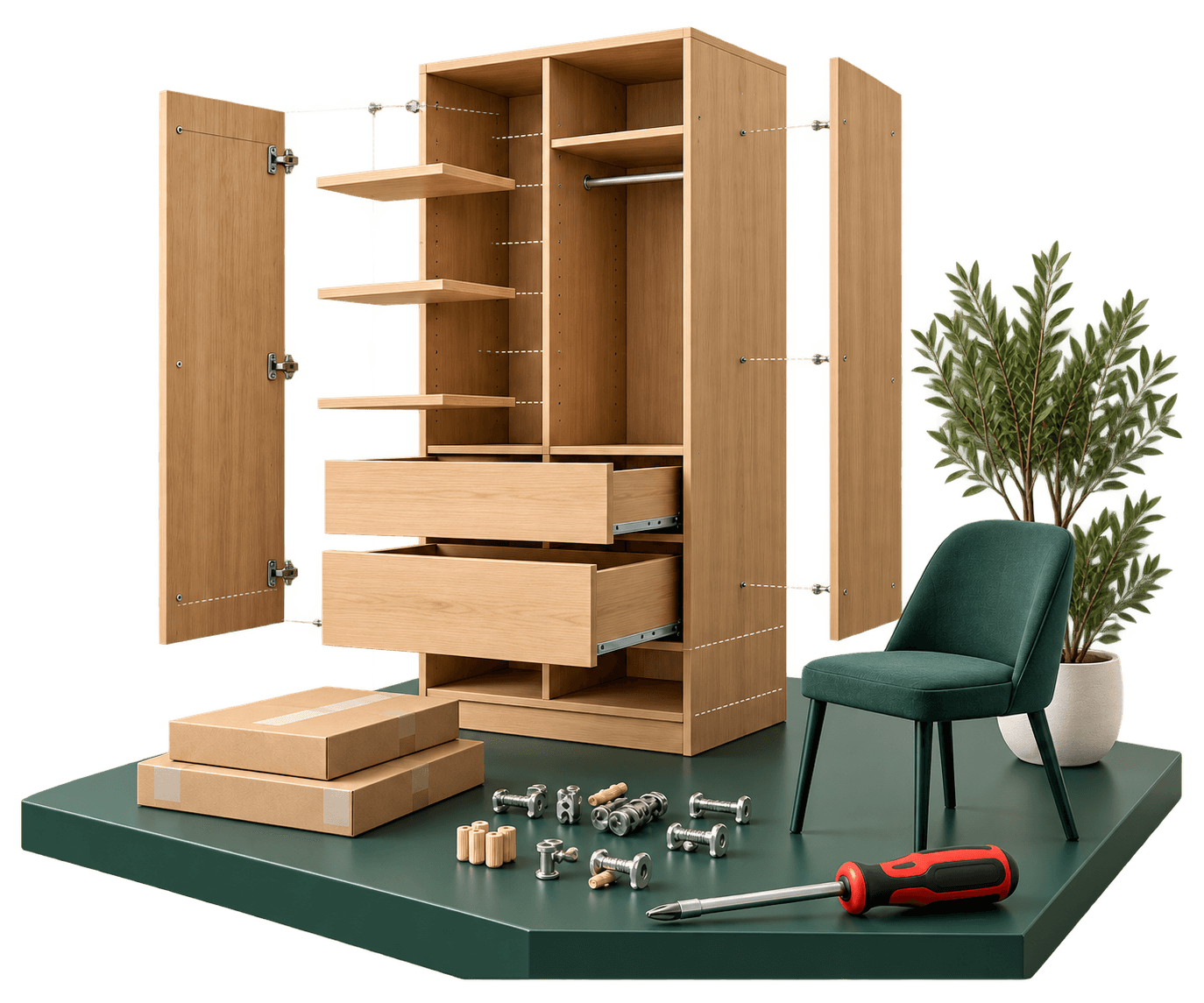 Exploded oak wardrobe with doors, drawers and shelves arranged for assembly, a green chair, packages, fixings and a red screwdriver on a green platform