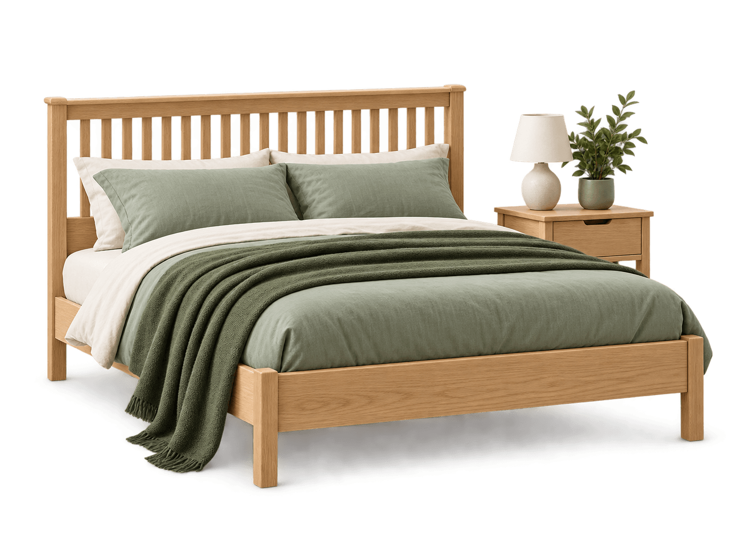 Oak bed frame with sage bedding and bedside table