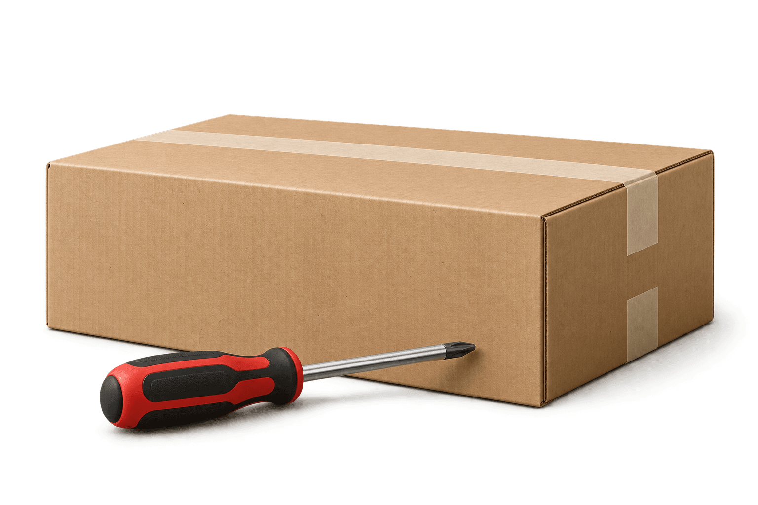 A sealed cardboard flat pack box with a red screwdriver