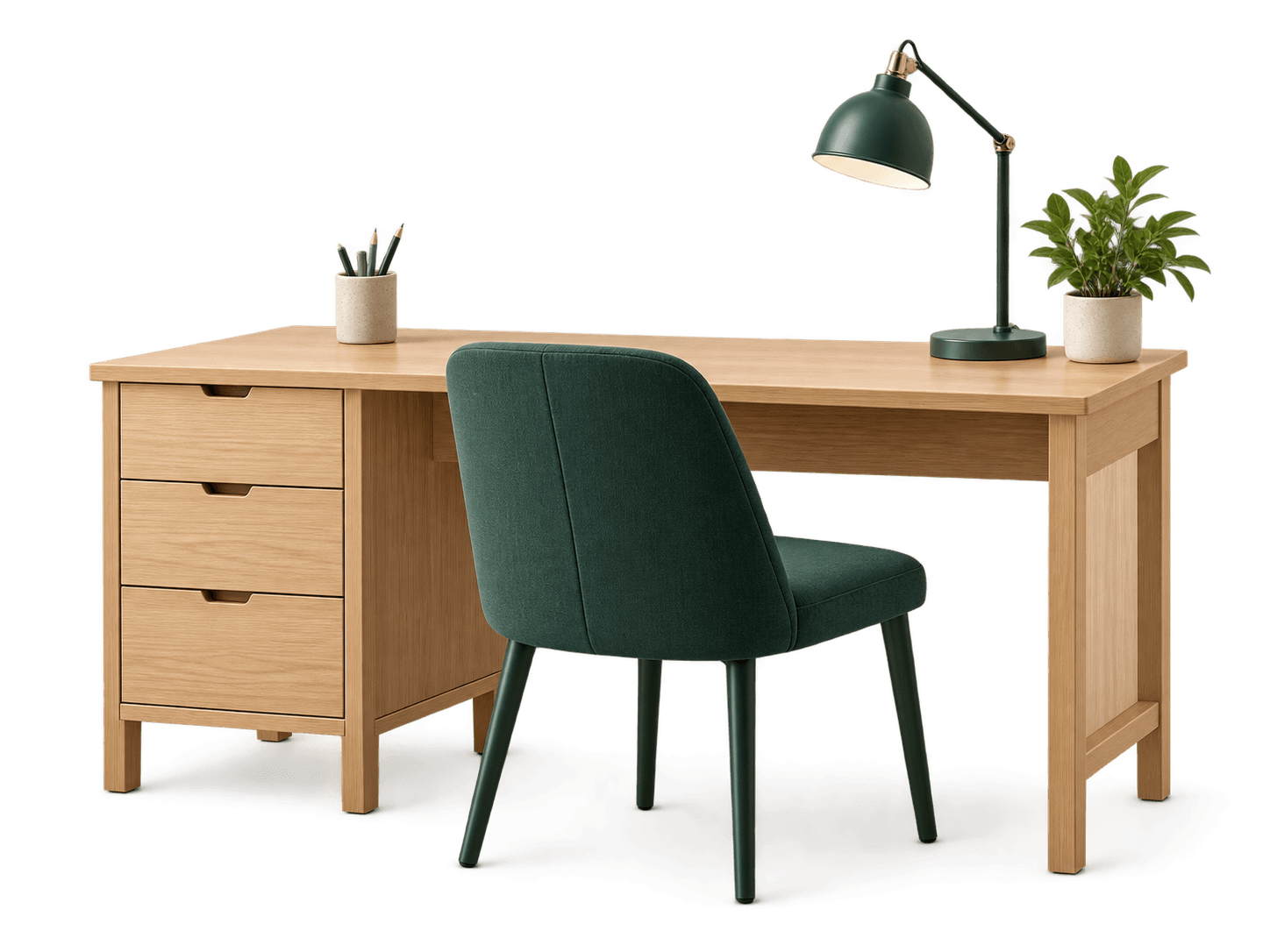 Oak desk with green chair, lamp and books