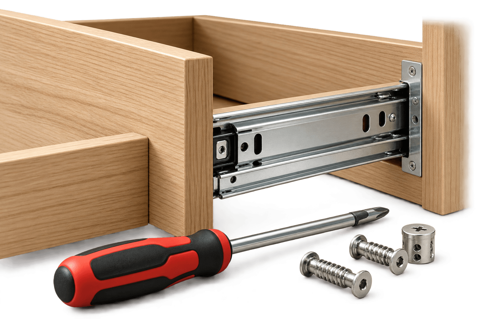 Close up of an oak drawer runner with fixings, screws, dowels and a red screwdriver
