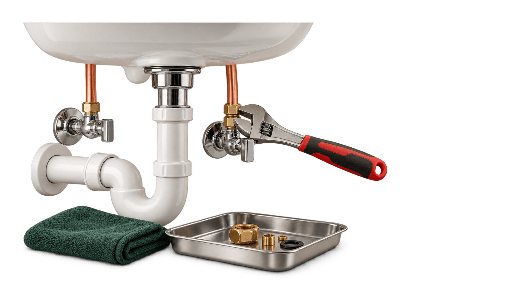Careful under sink plumbing repair with a wrench and clean waste pipe