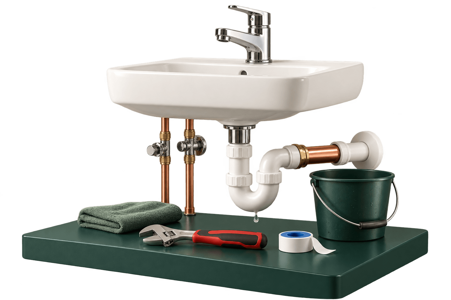 Under sink plumbing scene with a tap, waste pipe, wrench and bucket