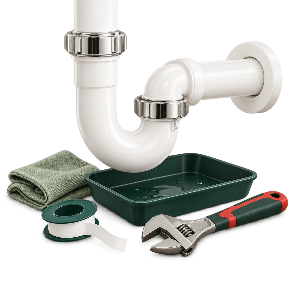 White P trap with a drip tray, spanner and plumbing tape
