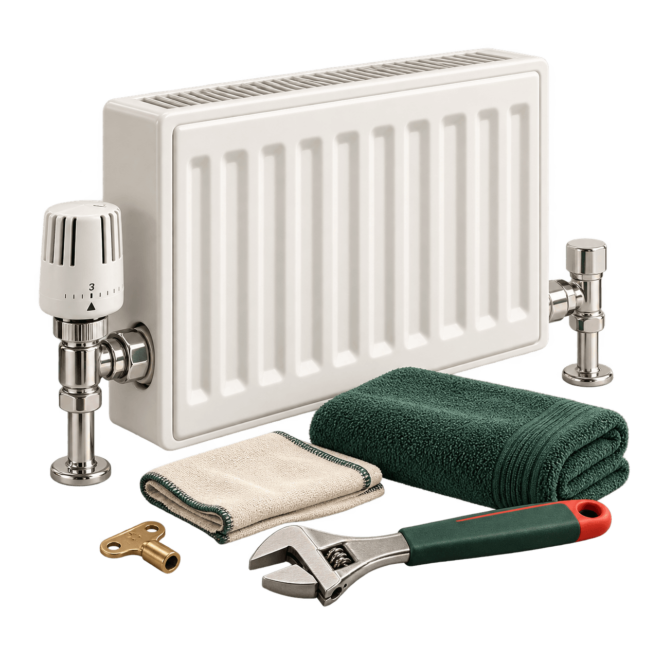 White radiator with valves, radiator key and wrench