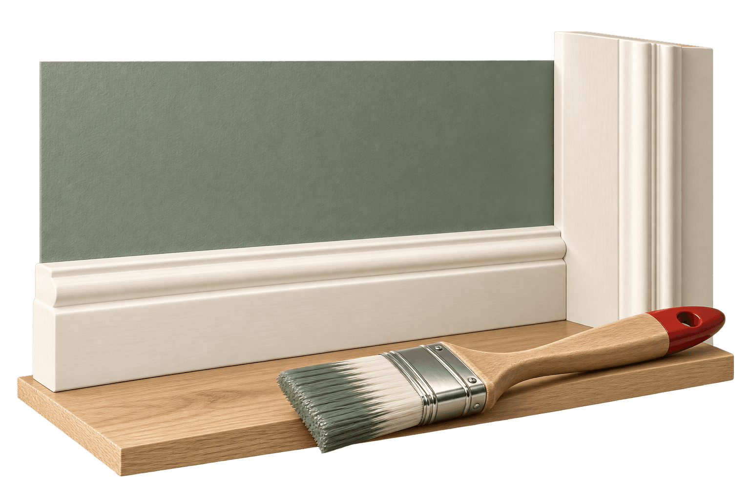 Neat painted edge between a sage wall and ivory woodwork