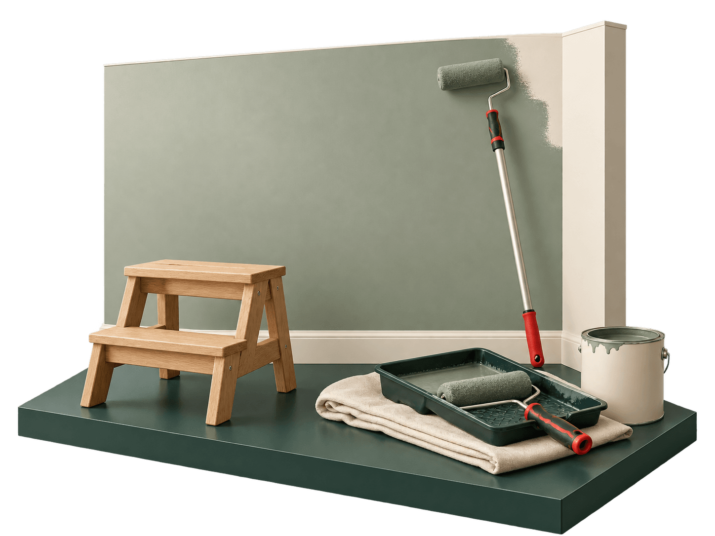 Interior painting scene with a sage wall, oak steps and painting tools