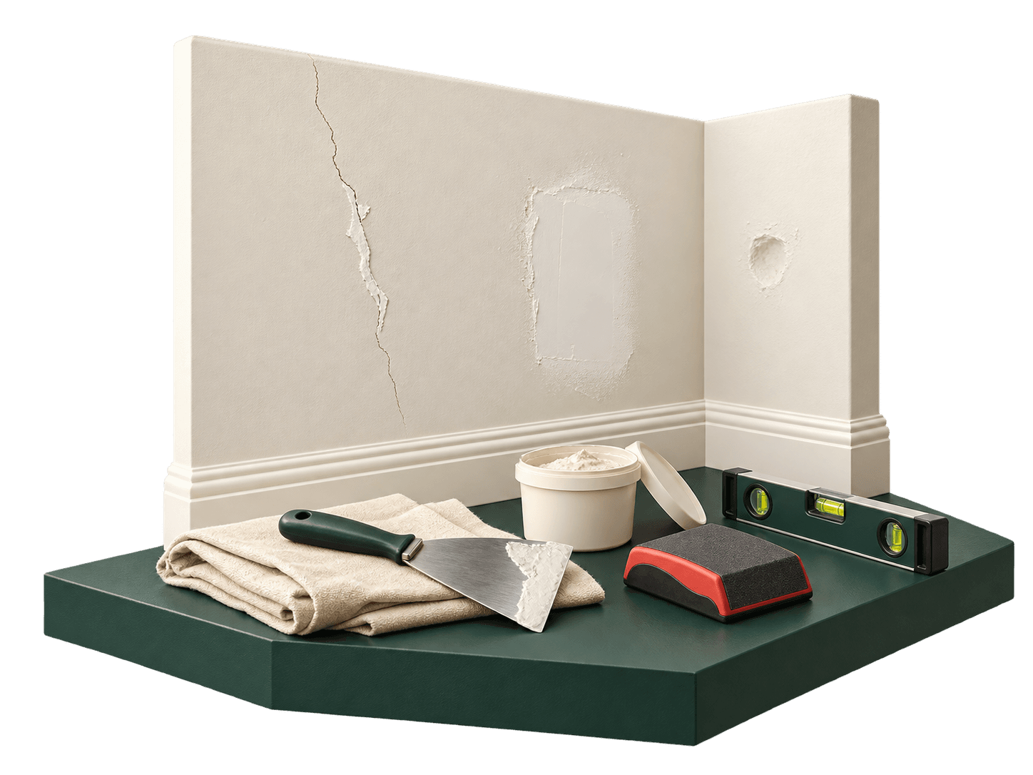 Interior wall repair scene with a filled wall sample and tools
