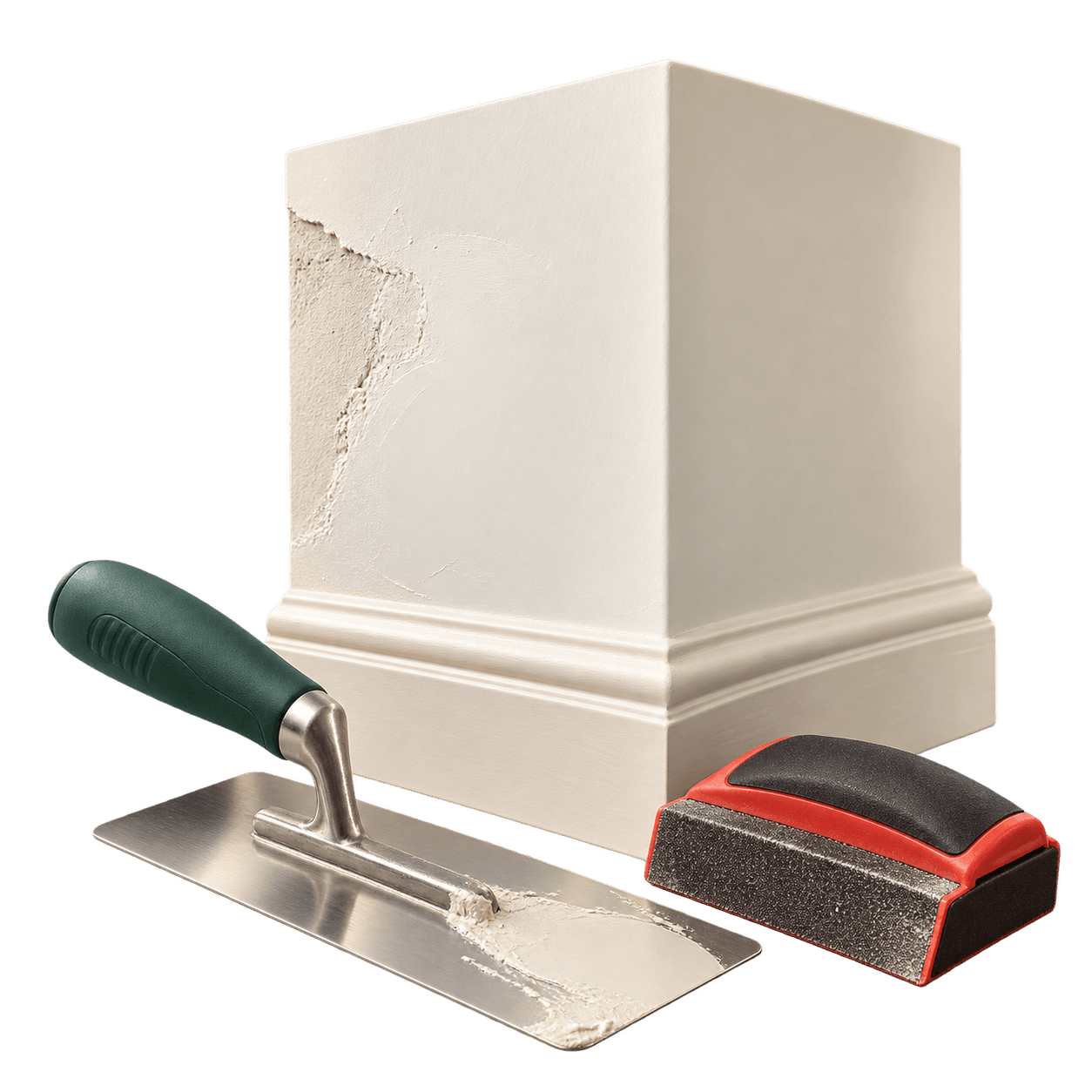 Repaired plaster corner with a trowel and sanding block