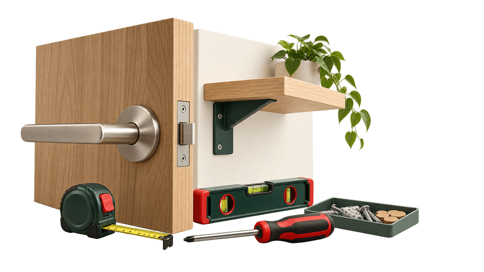 Commercial door and shelf detail with spirit level, screwdriver and fixings