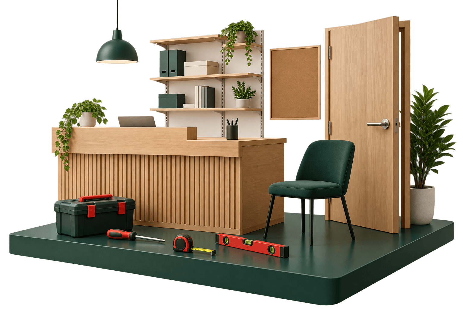 Tidy commercial workspace with a counter, shelving, door and maintenance tools