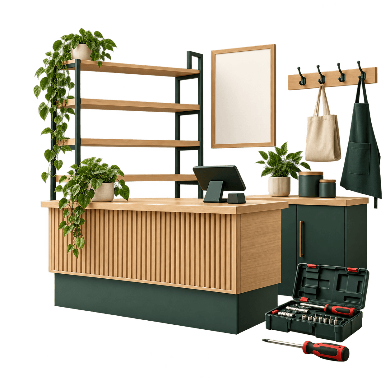 Customer area counter, display shelving, hooks and maintenance tools