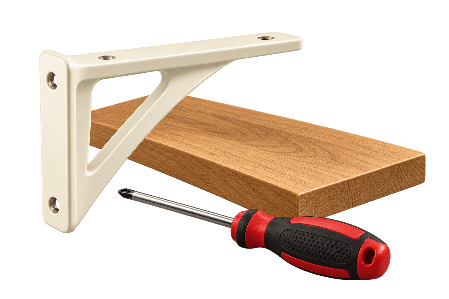 A shelf bracket, oak shelf and screwdriver