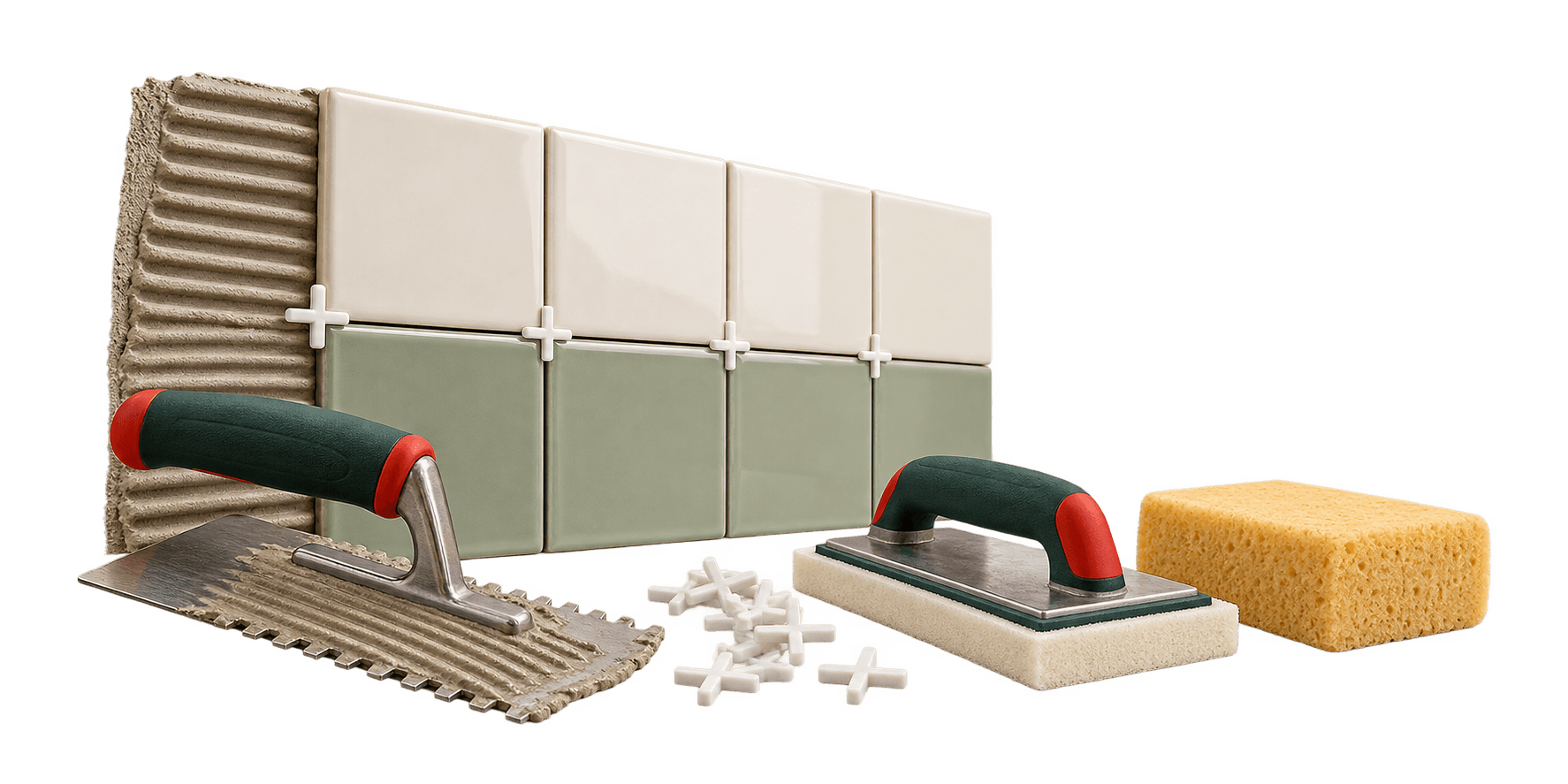Neat wall tiling detail with spacers, trowel and grout float