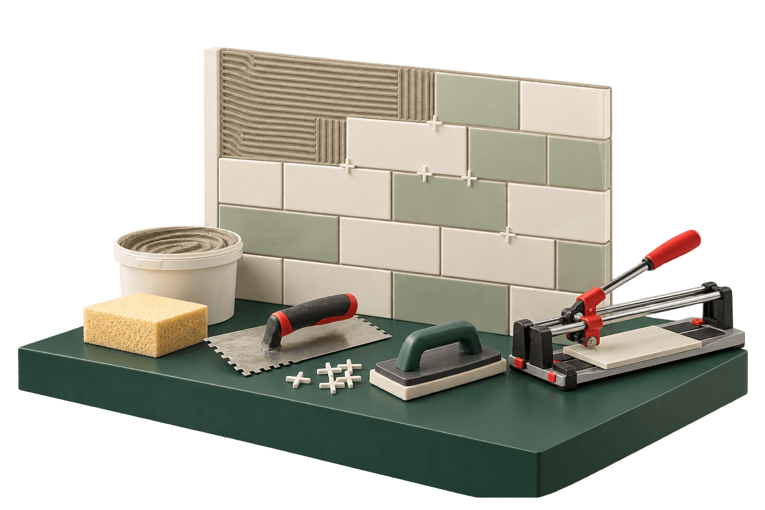 Small wall tiling scene with tiles, adhesive and tiling tools
