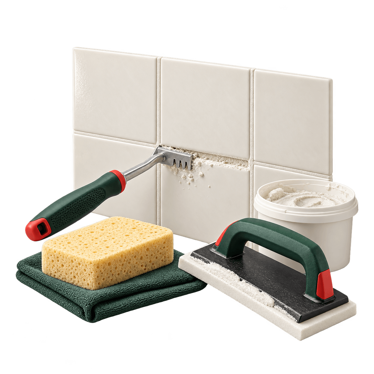 Ceramic tiles being refreshed with a grout float and sponge