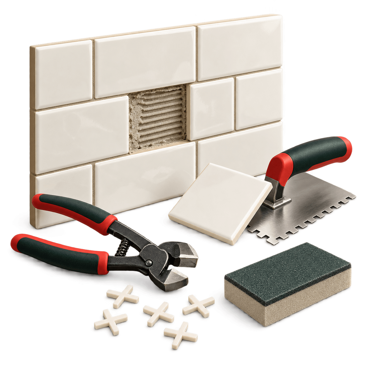 Small tile panel with a replacement tile and tile repair tools